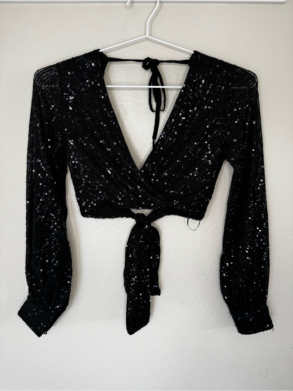 Adika Black Sequin Tie-Front Crop Top